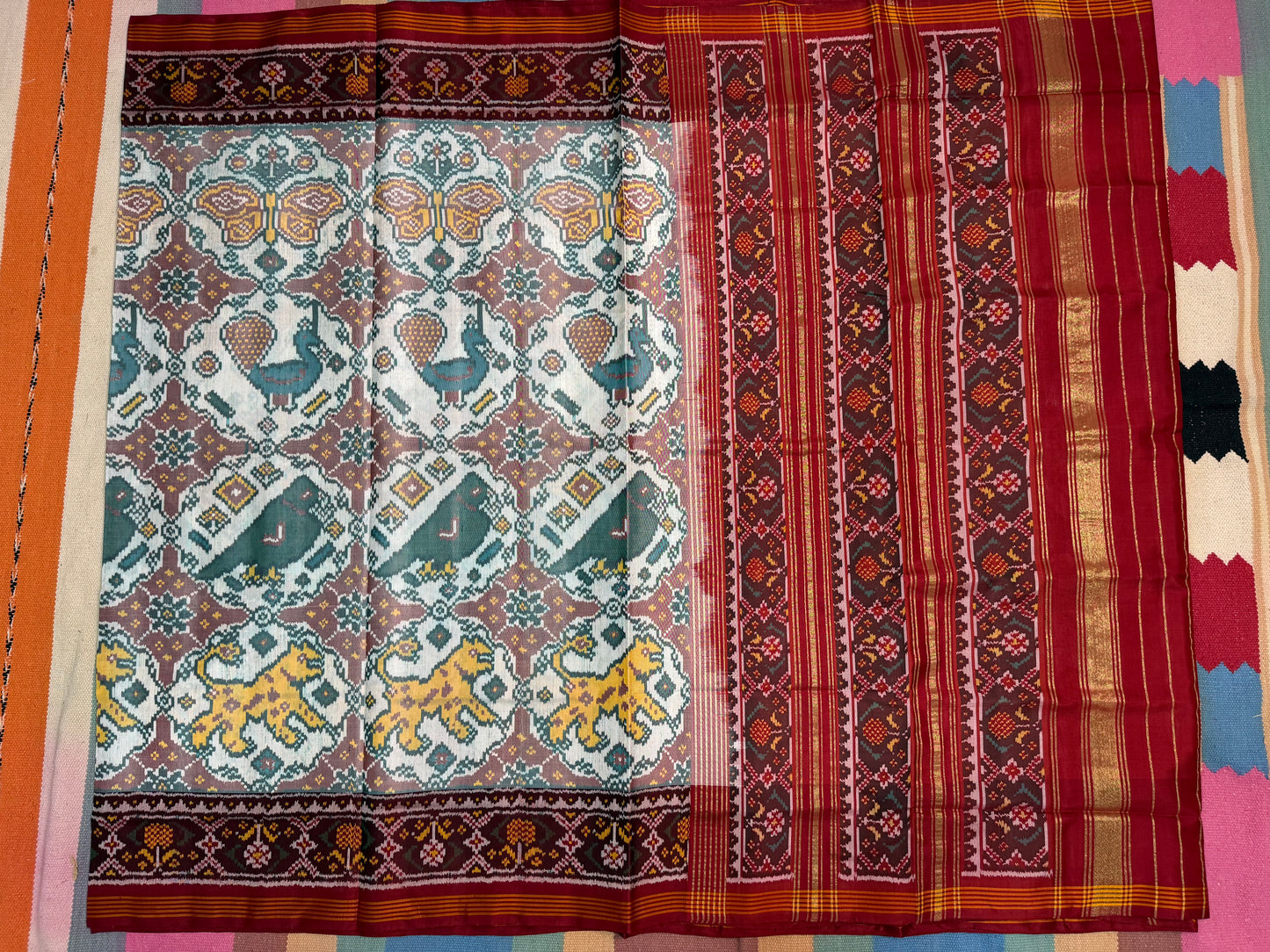 White figures single ikat patola silk saree